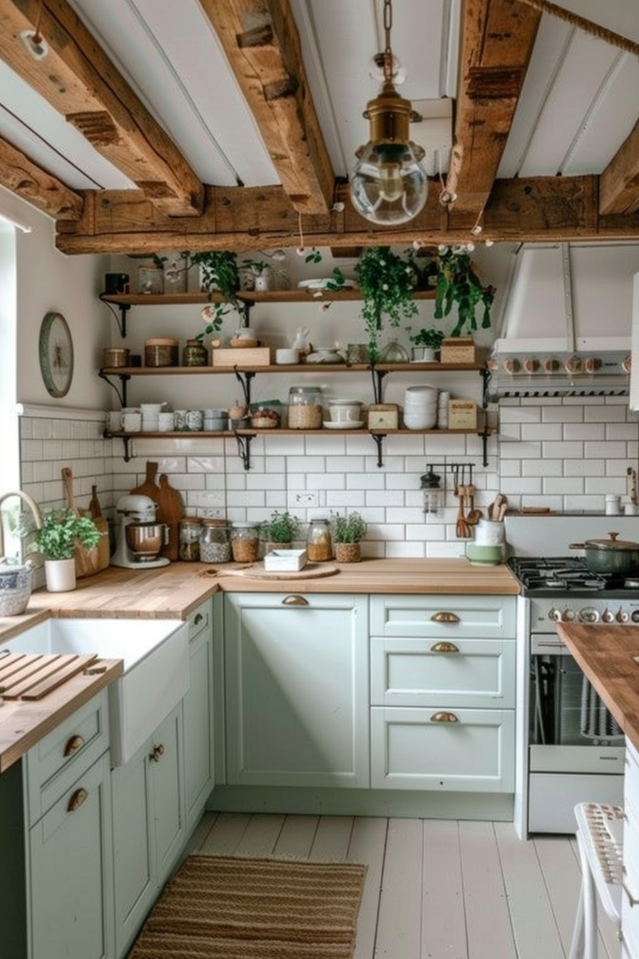 Cozy rustic kitchen with wooden beams, open shelves, white subway tiles, and sage green cabinets.