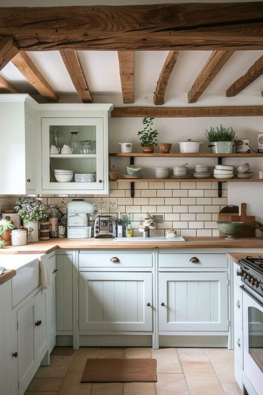 Cozy cottage kitchen with wooden beams, green cabinets, floating shelves, and subway tile backsplash.