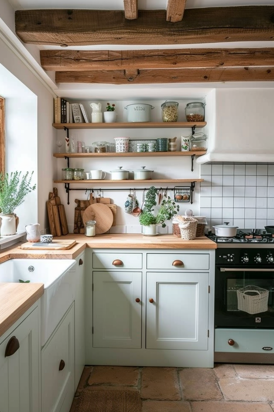 Rustic kitchen interior with white cabinets, wooden countertops and shelves, terracotta floor tiles, and exposed beams.