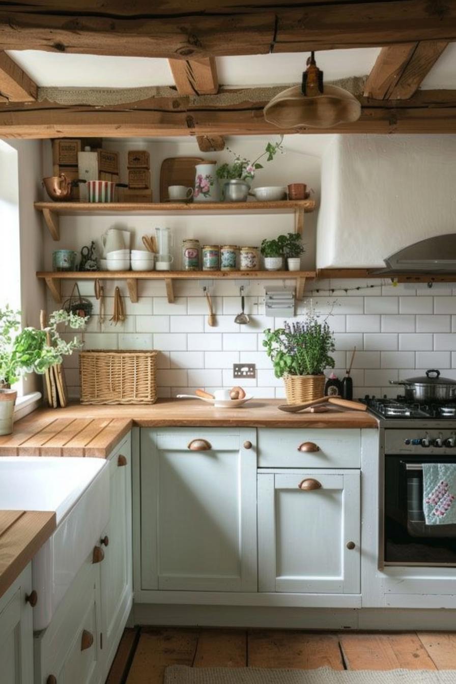 Cozy rustic kitchen interior with wooden countertops, open shelves filled with crockery, and white subway tiles.