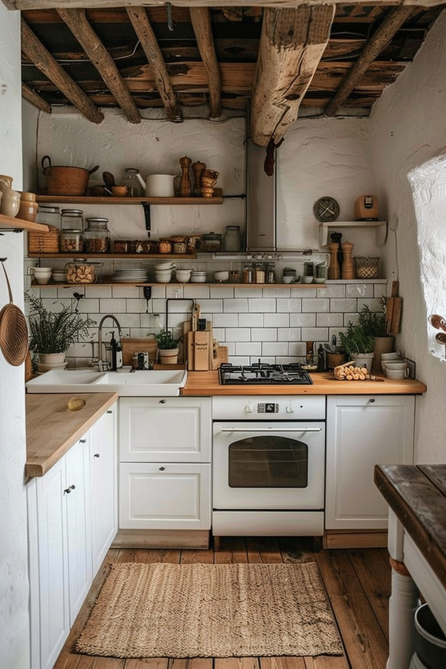 A cozy rustic kitchen with white cabinetry, wooden countertops, open shelves stocked with crockery, and exposed wooden beams.