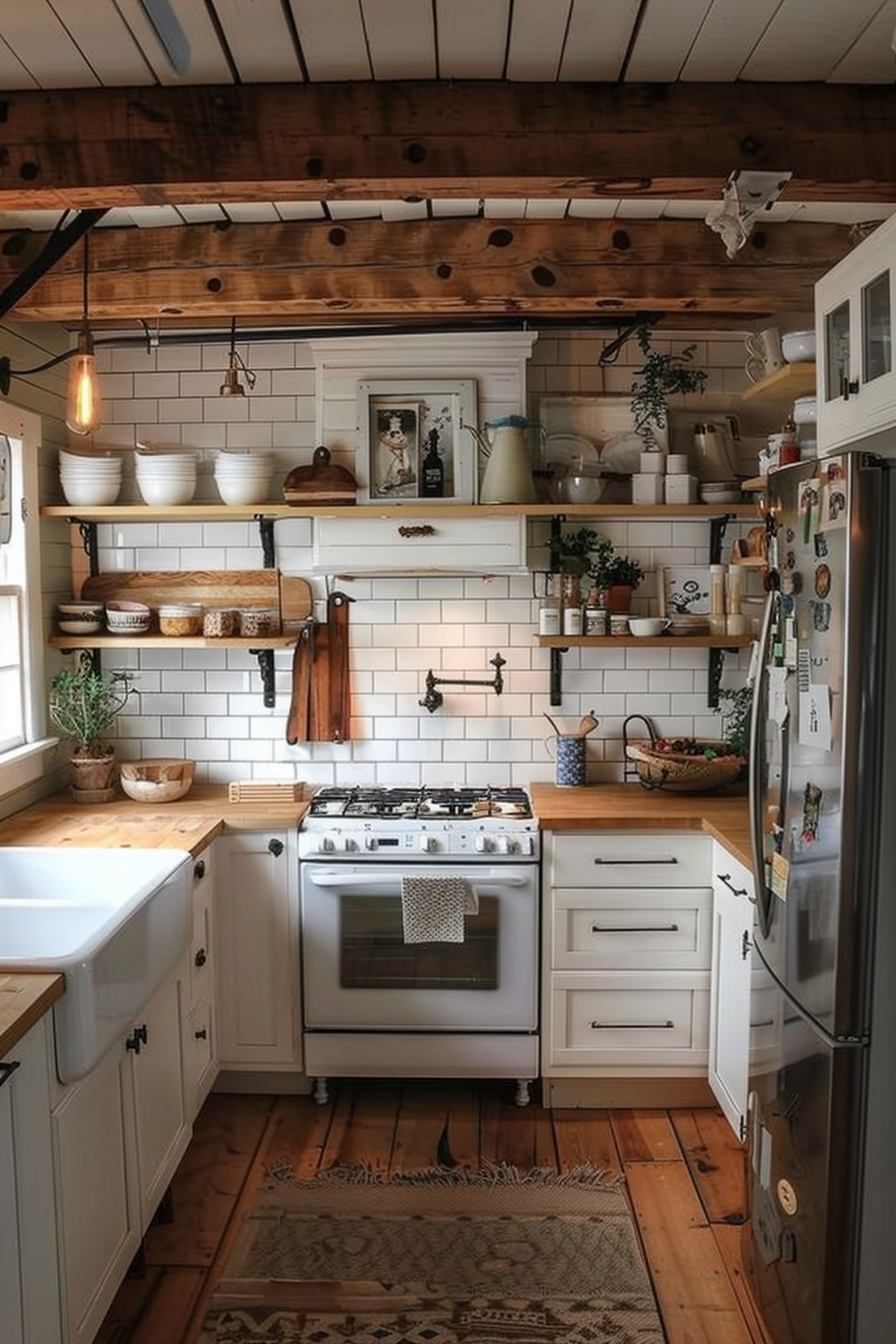 Cozy rustic kitchen with white cabinetry, subway tile backsplash, wooden countertop, open shelving, and vintage appliances.