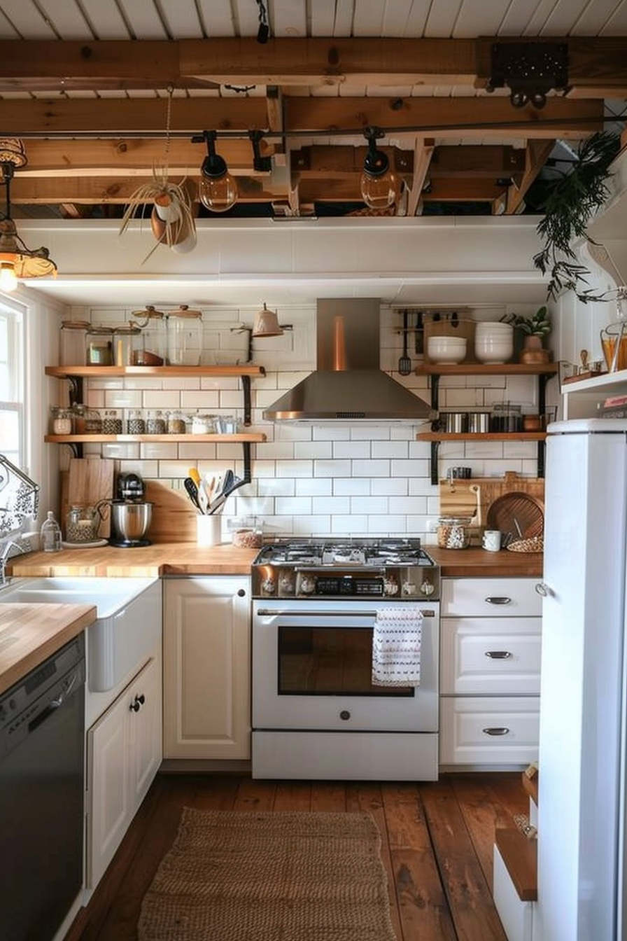 Cozy kitchen interior with white subway tiles, wooden shelves, retro lighting, and modern appliances.