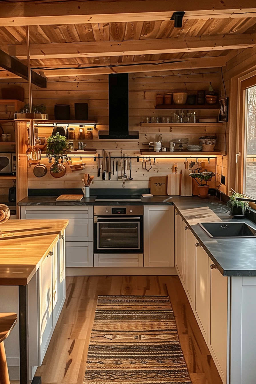 Cozy wooden cabin kitchen with modern appliances, open shelving, and a warm, inviting atmosphere highlighted by natural light.