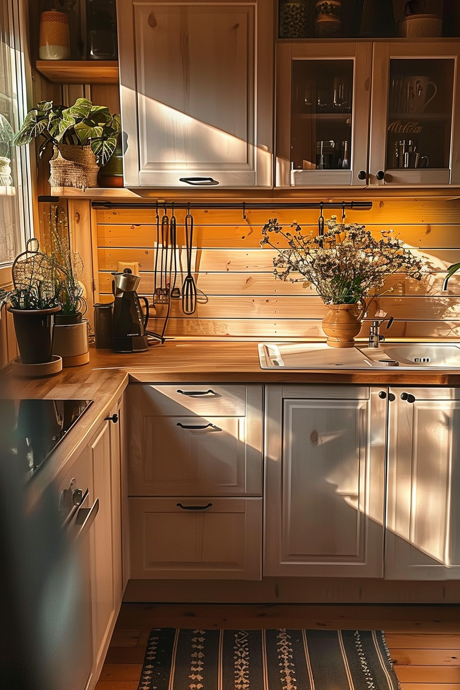 A cozy kitchen interior with warm sunlight casting shadows, highlighting the wooden cabinets, countertop, and a bouquet of dried flowers.
