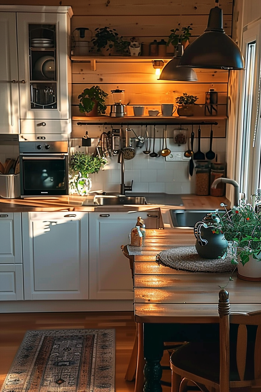 Cozy kitchen interior at dusk with warm lighting, wooden table, chairs and modern appliances.