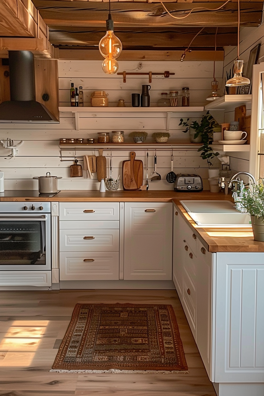 Cozy kitchen interior with white cabinetry, wooden countertops, shelves with utensils, and Edison bulb lighting.