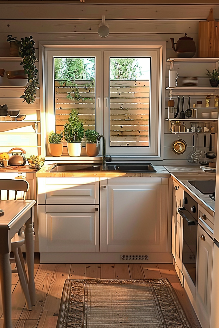 Cozy kitchen interior with natural light, white cabinets, wooden countertops, open shelves, and plants by the window.