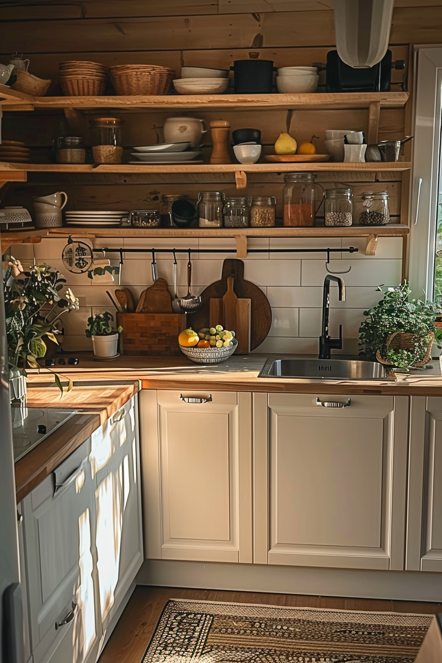Cozy kitchen interior with wooden shelves stocked with utensils and jars, a sink, cutting boards, and plants by a window with natural light.