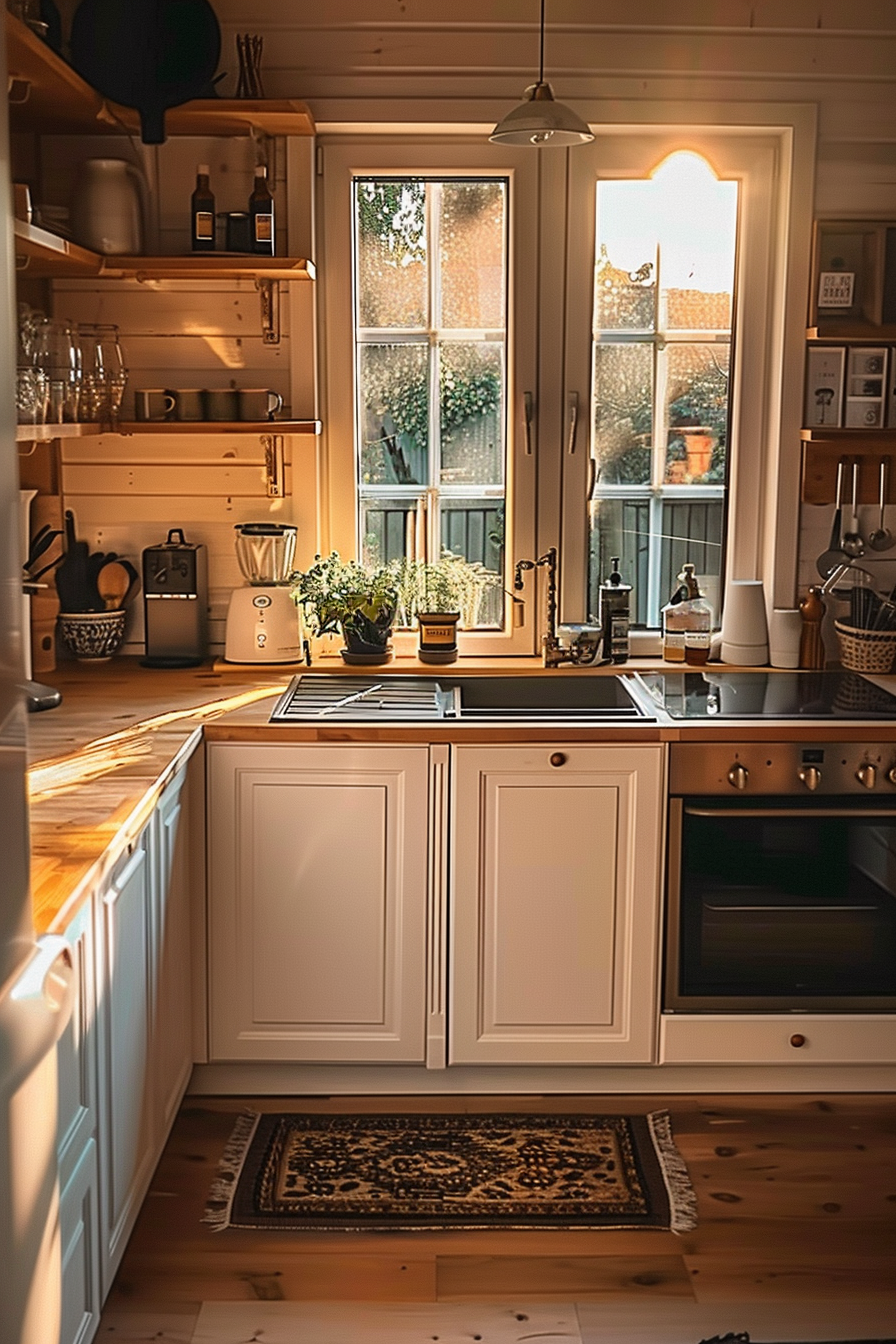 Cozy wooden kitchen interior bathed in warm sunlight with plants by the window and well-organized shelves.