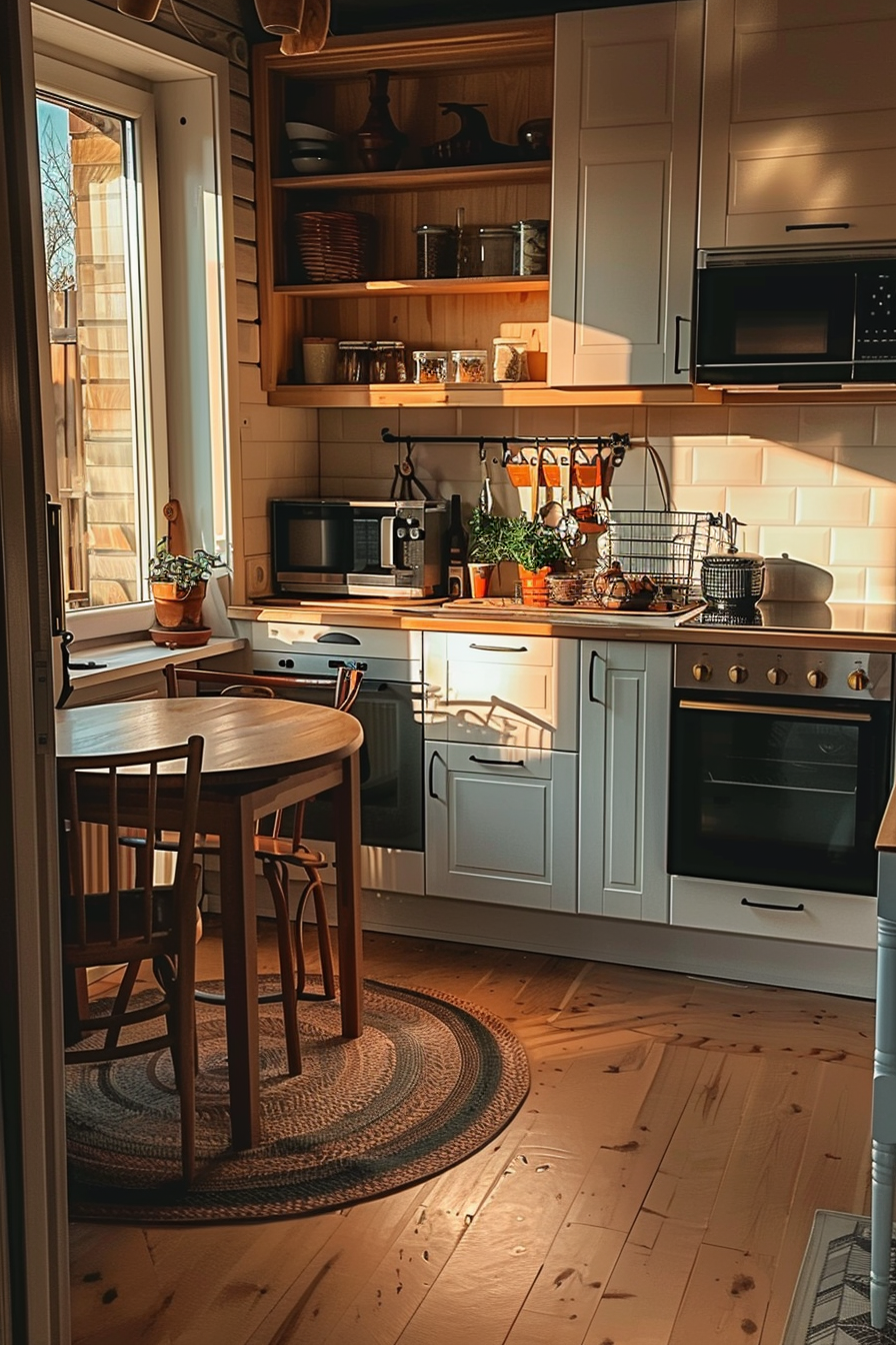 Cozy kitchen interior with warm sunlight casting shadows, featuring wooden furniture and modern appliances.