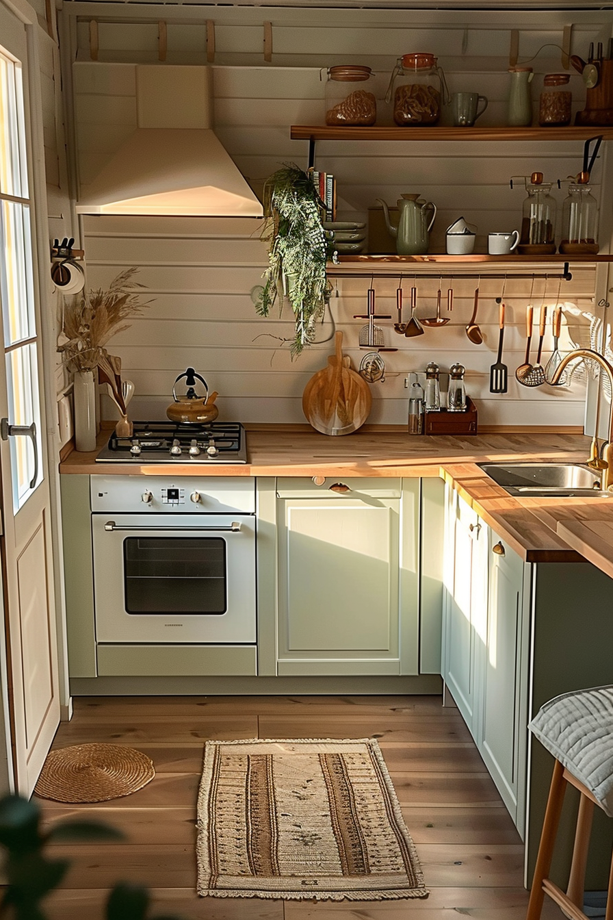 A cozy kitchen interior with natural light, wooden countertops, green cabinets, and hanging utensils.