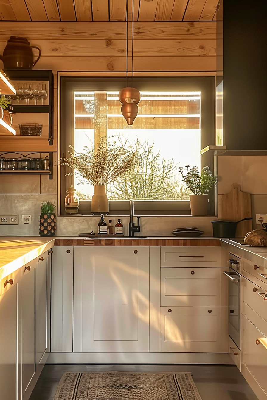 A cozy kitchen interior with wooden accents, modern appliances, and a window letting in warm sunlight.