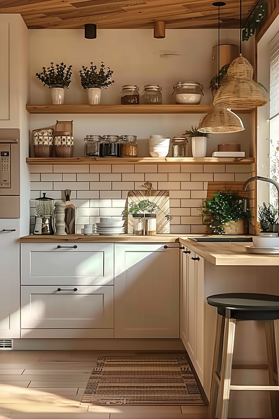 A cozy, sunlit kitchen interior with white cabinetry, wooden shelves, wicker lighting, and plants, conveying a warm, rustic ambiance.