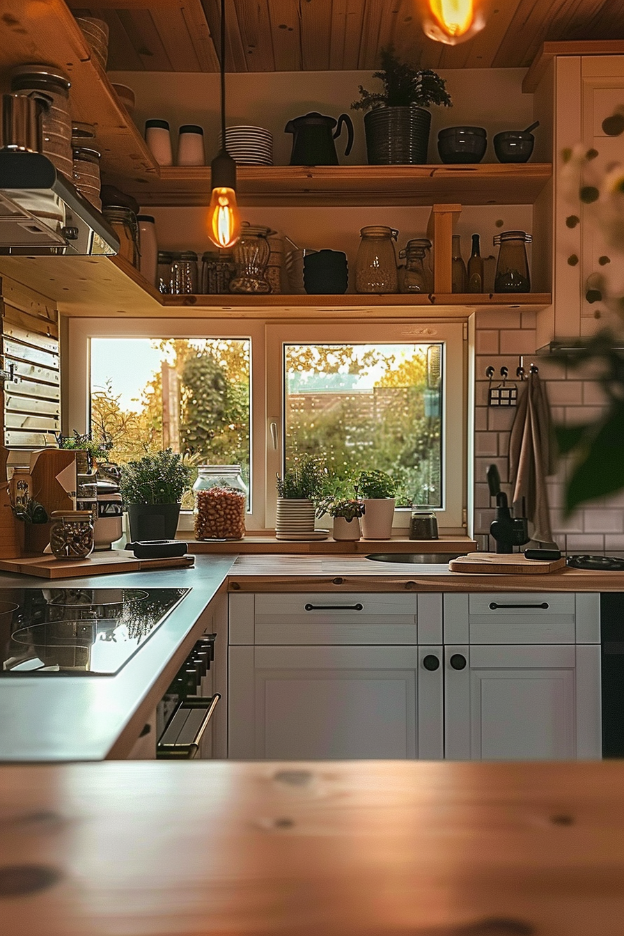 Cozy kitchen interior with wooden countertops, hanging utensils, and a warm glow from sunset through the window.