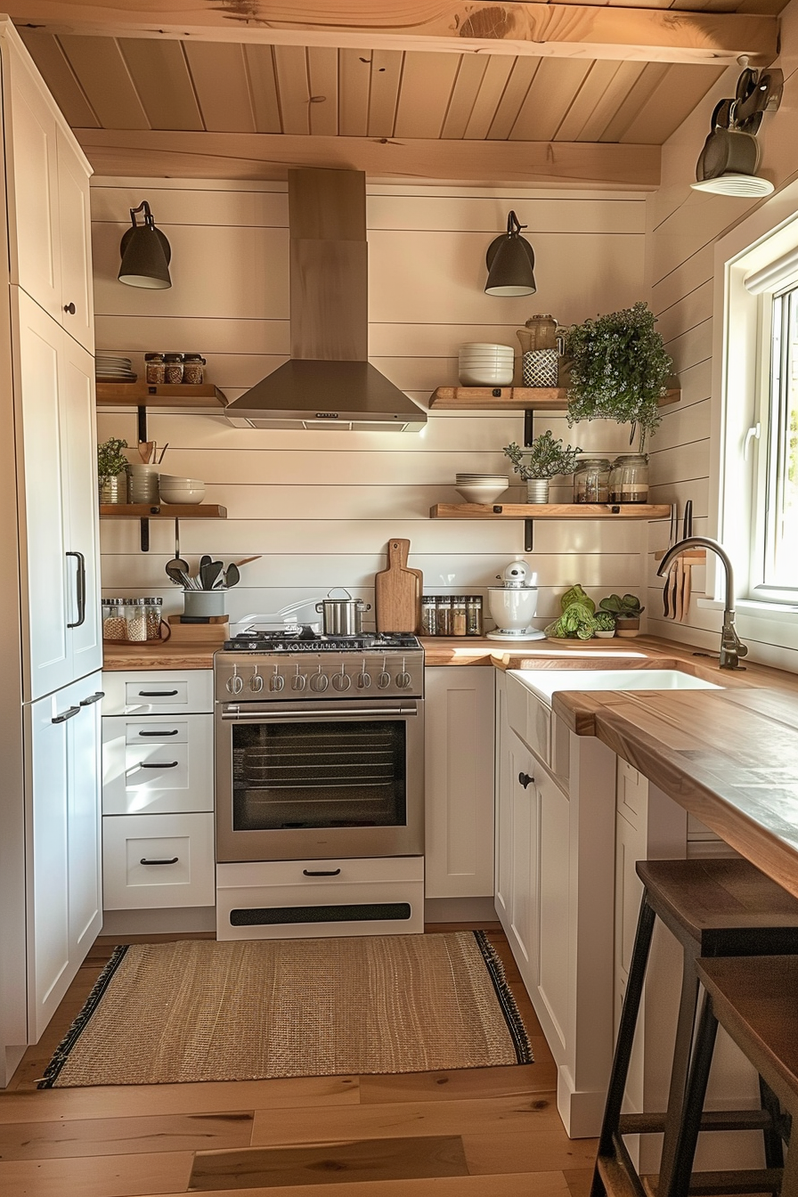 Cozy kitchen interior with wooden accents, white cabinetry, stainless steel stove, floating shelves, and green plants.