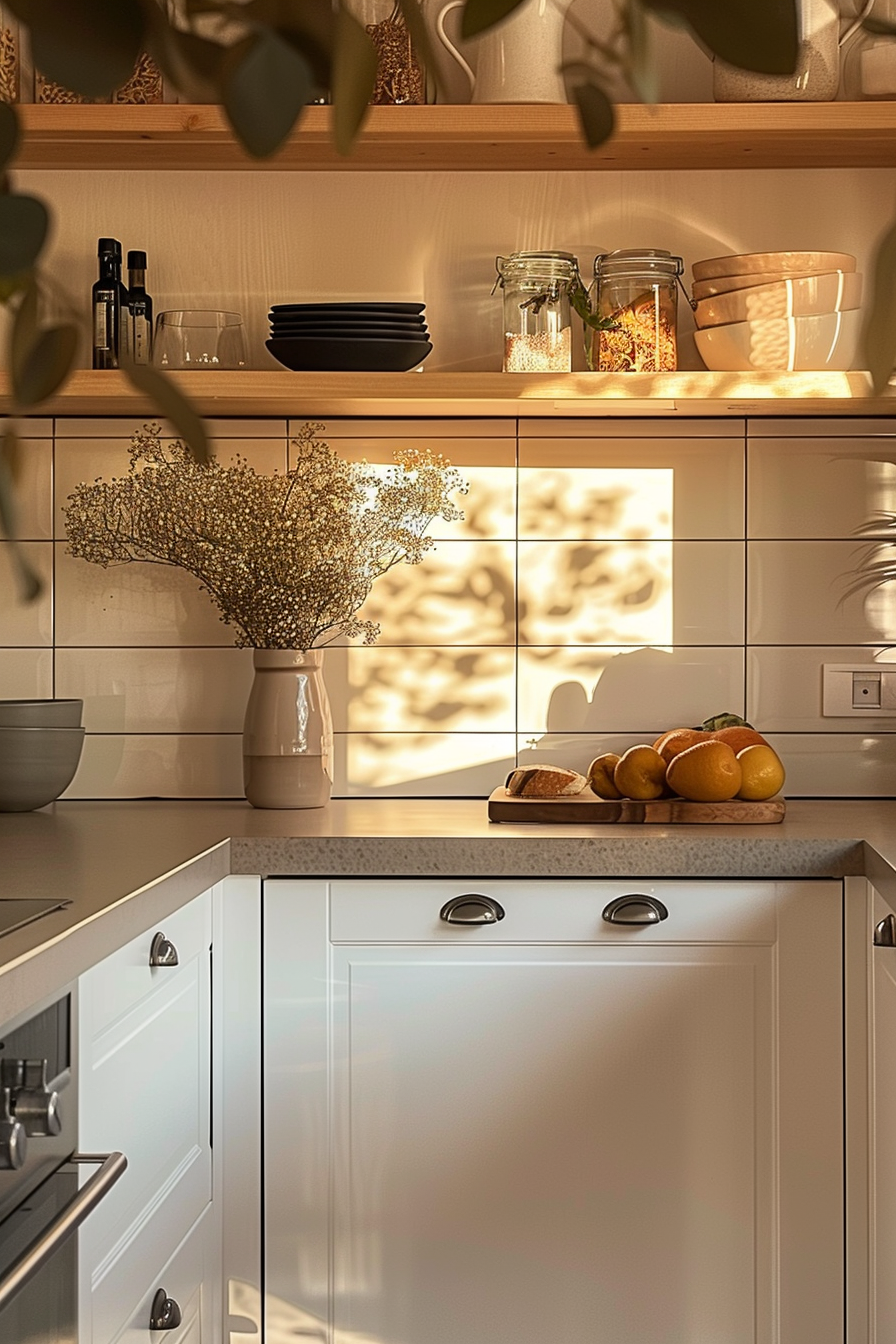 Warm sunlight filters through a cozy kitchen with wooden shelves, a vase of dried flowers, and fresh bread on the counter.