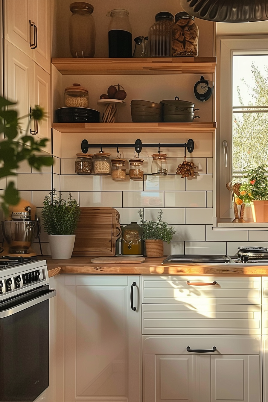 ALT: Cozy kitchen corner with warm lighting, wooden shelves lined with jars and cookware, a stove, and plants by a window with sunlight filtering in.