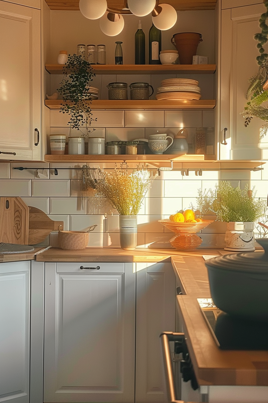 Warmly lit kitchen with floating shelves, a variety of dishes, plants, and sunlit countertops.