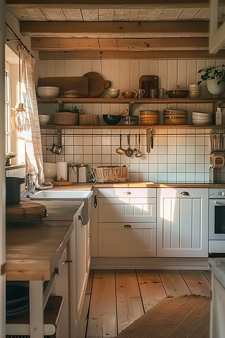 ALT: Cozy kitchen interior with white cabinets, open shelving filled with utensils and dishes, and warm sunlight filtering in.