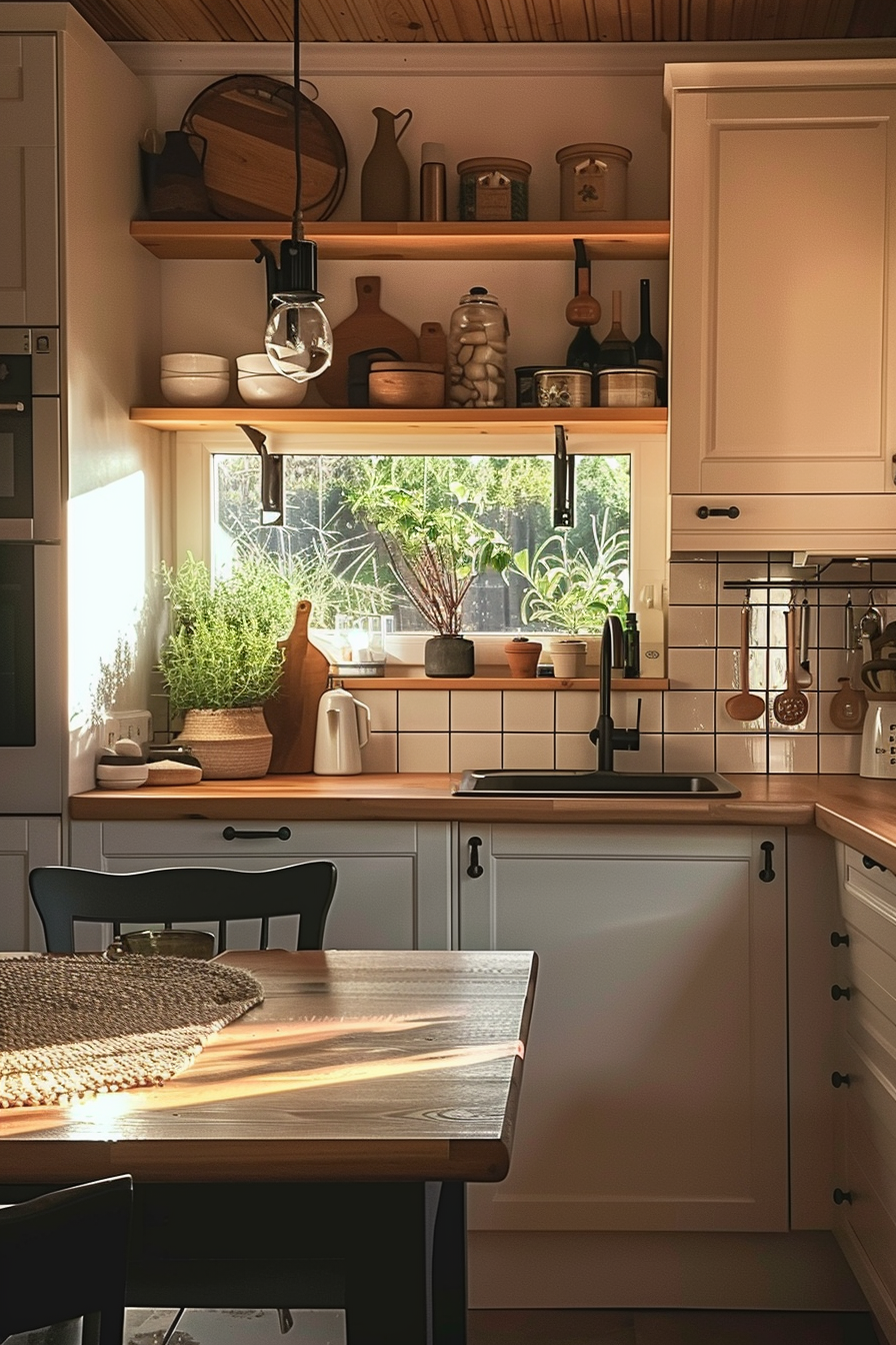 Cozy kitchen interior with wooden shelves, utensils, plants by the window, and warm sunlight bathing the space.