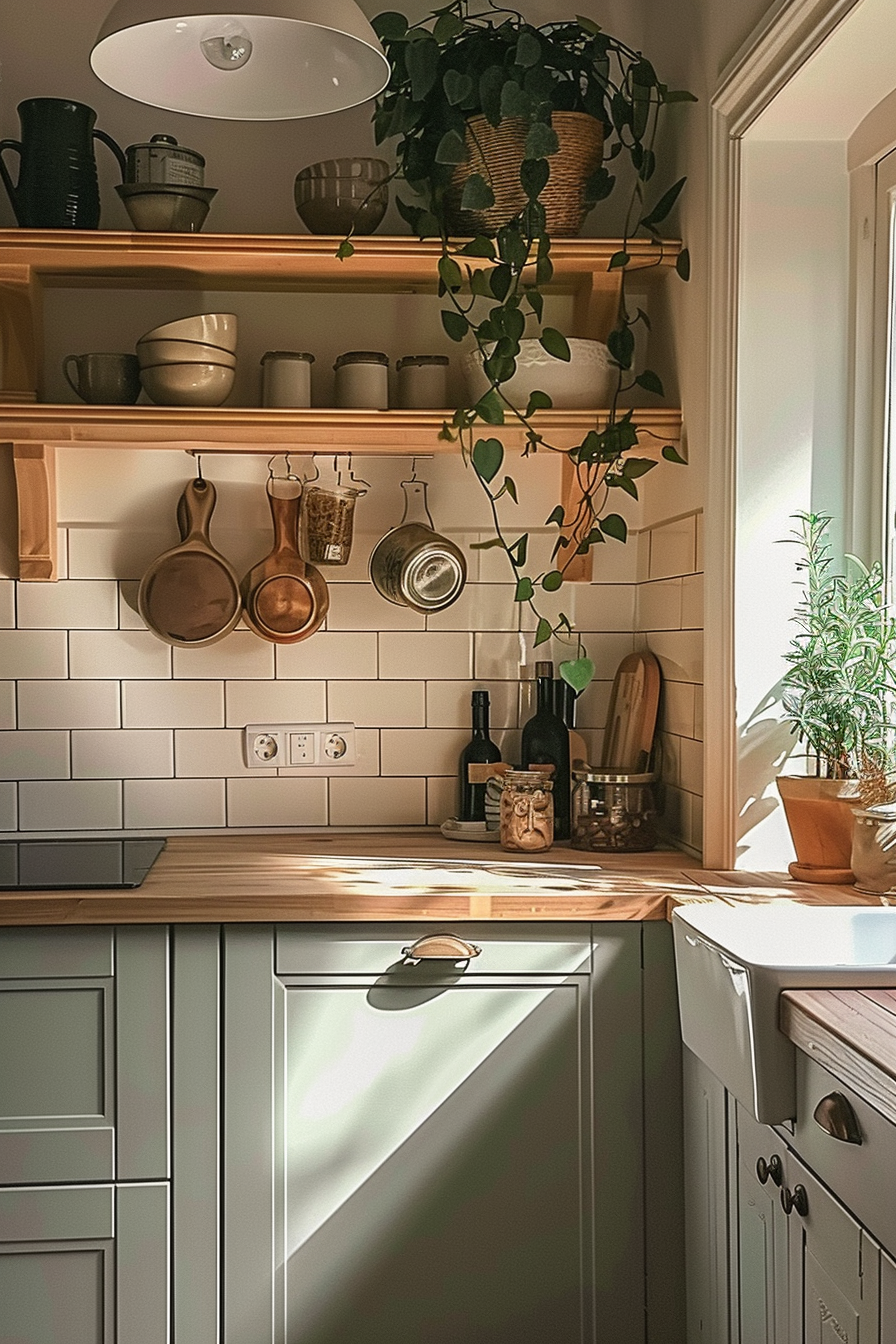 A cozy kitchen interior with wooden shelves, hanging pots, a potted plant, and morning sunlight streaming in.