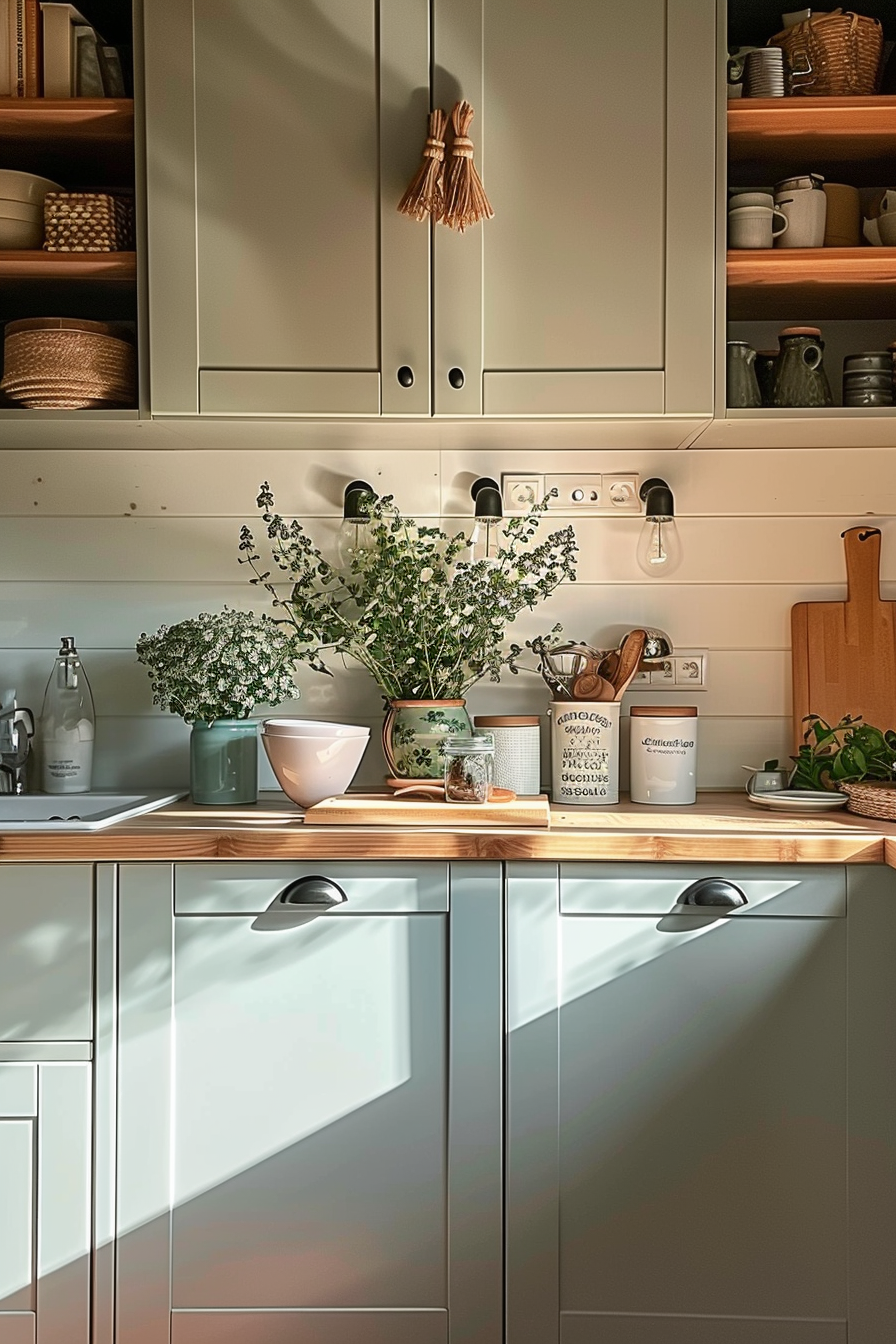 A well-organized kitchen counter with open shelves, utensils, plants, and sunlight casting shadows.