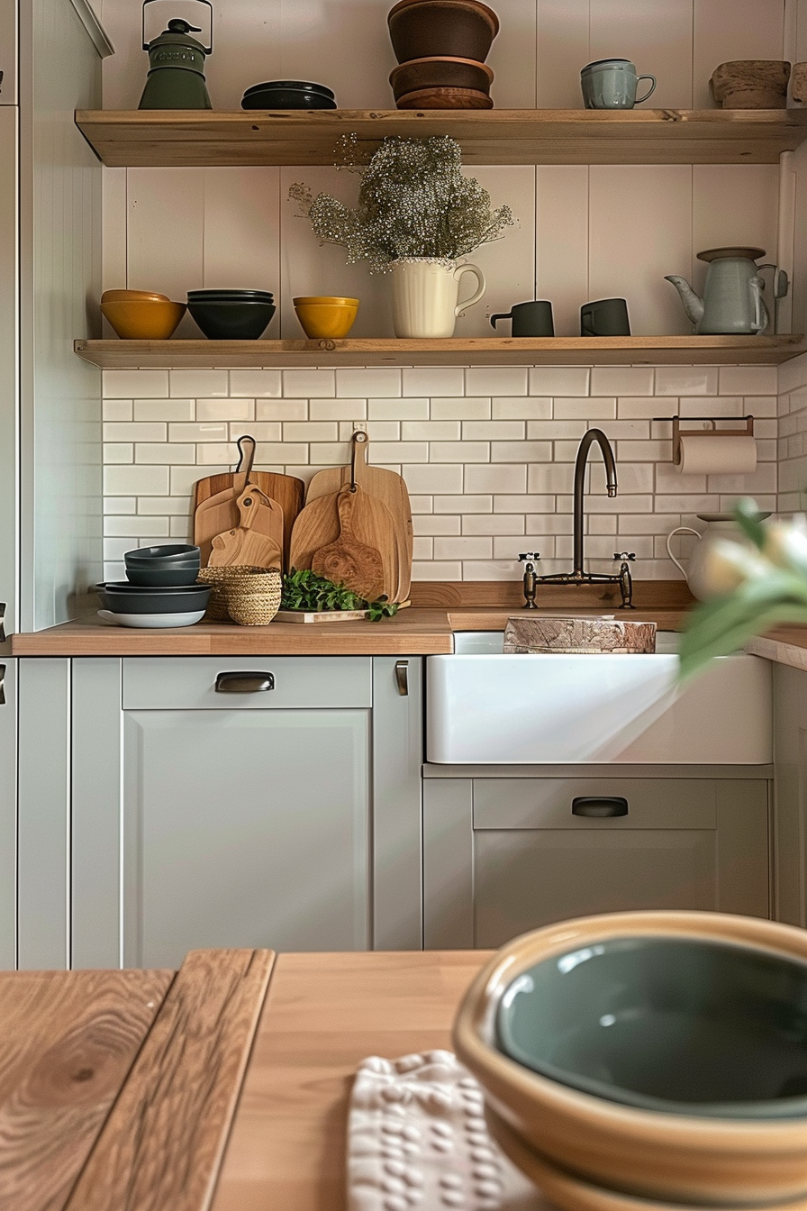 A cozy kitchen interior with wooden shelves, subway tiles, and various dishware, featuring a farmhouse sink and wood cutting boards.