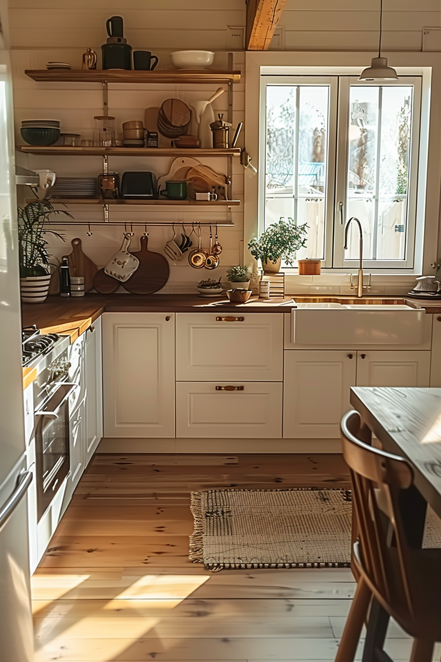 Cozy kitchen interior with wooden countertops, white cabinetry, open shelves, and natural light streaming through a window.
