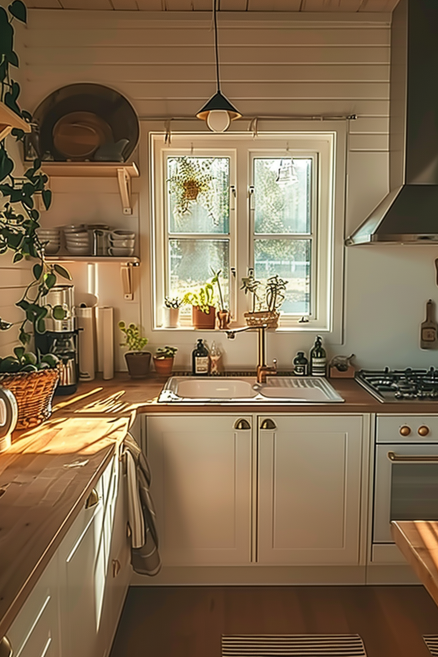 Cozy kitchen interior with natural light, white cabinets, wooden countertop, and green plants by the window.