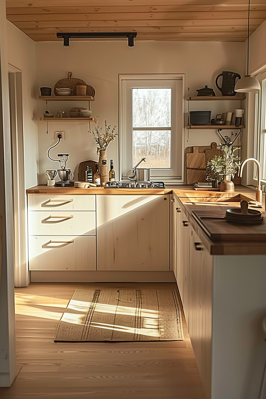 A cozy kitchen interior with wooden cabinets, shelves with dishes, and natural light streaming through the window.