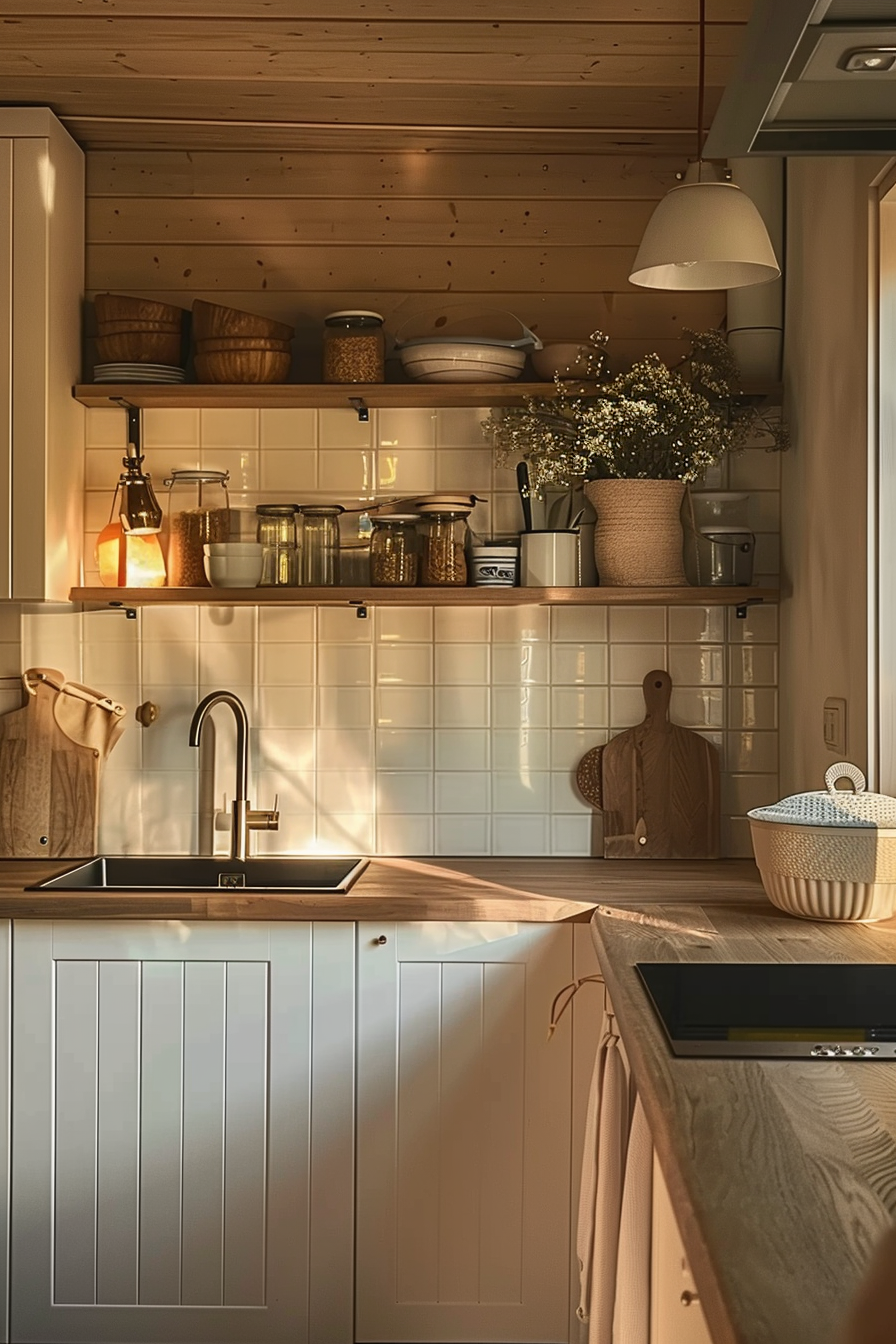 Cozy kitchen interior with wooden cabinets, shelves of jars, a sink, and warm lighting under a wooden ceiling.