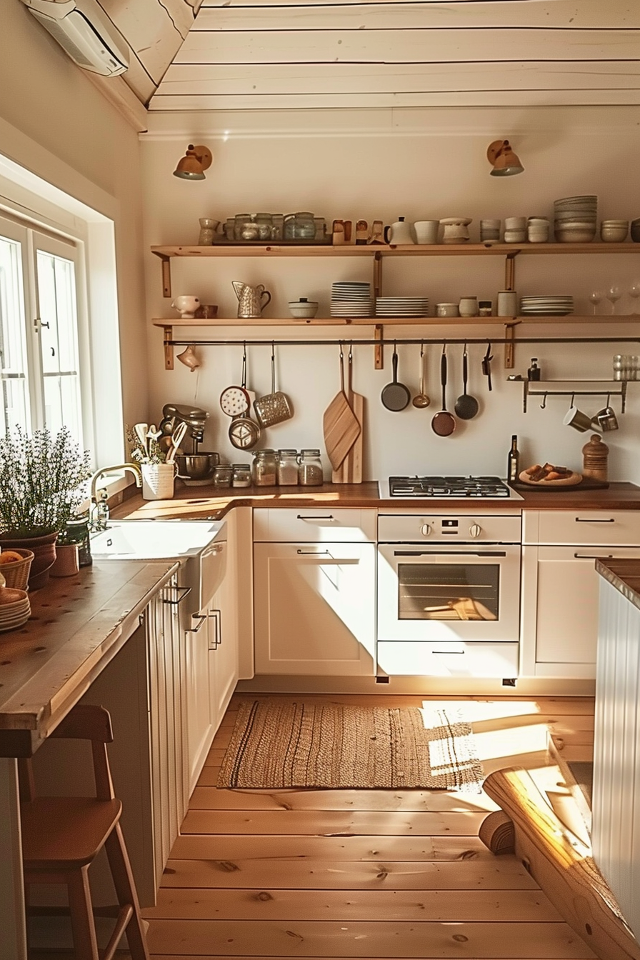 Cozy kitchen interior with wooden floors, open shelves filled with dishes, and sunlight streaming in through the window.