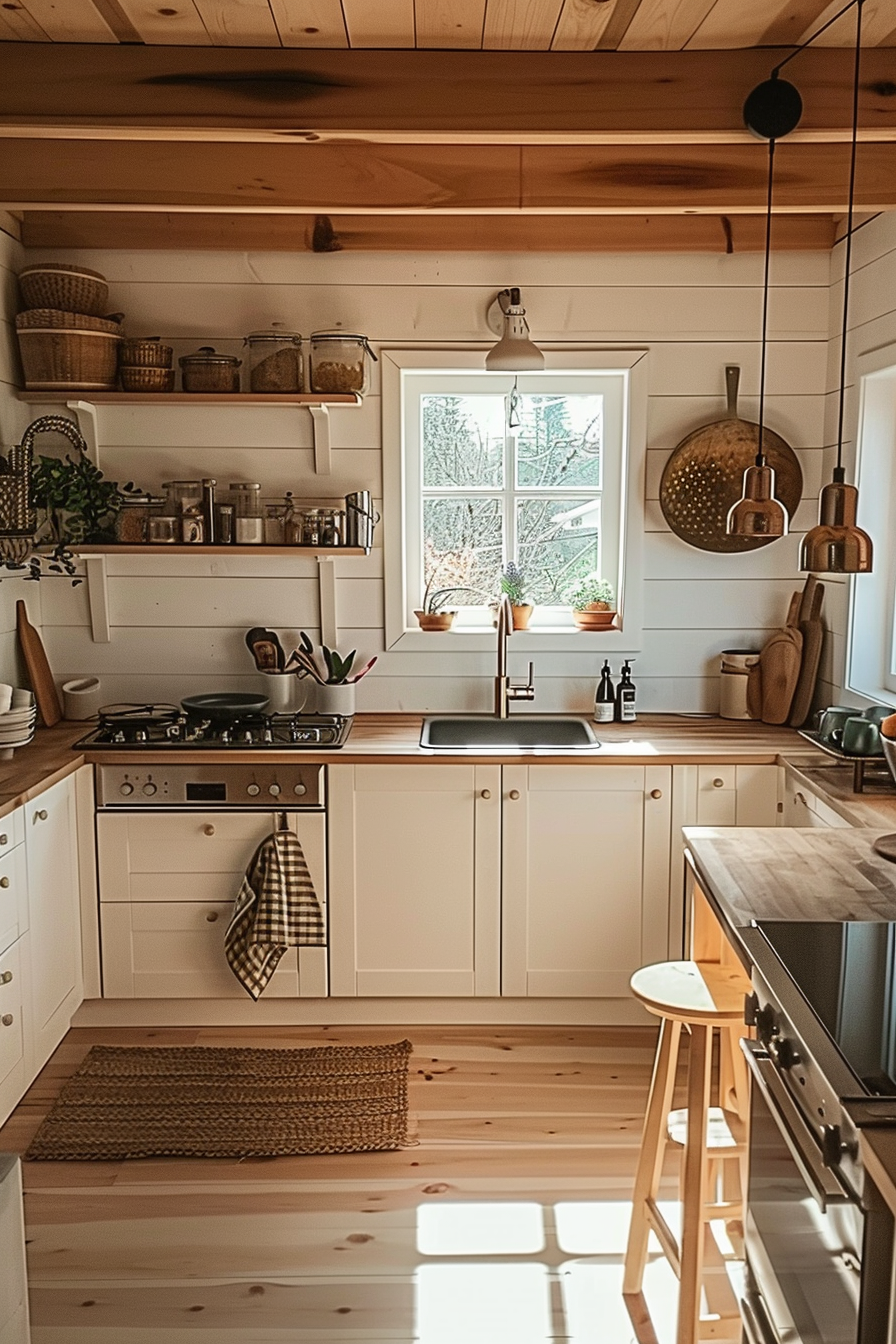 Cozy wooden kitchen interior with white cabinets, open shelves, hanging pots, and natural light streaming through a window.