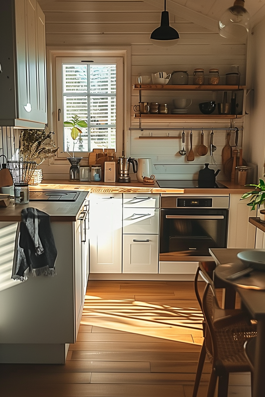 Cozy kitchen interior with warm sunlight streaming in through the window, highlighting wooden floors and cabinetry.