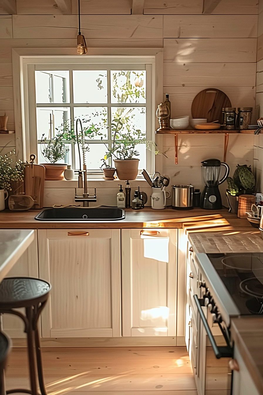 Cozy wooden kitchen interior with plants on windowsill, sunlight streaming in, sink, shelves, and modern appliances.