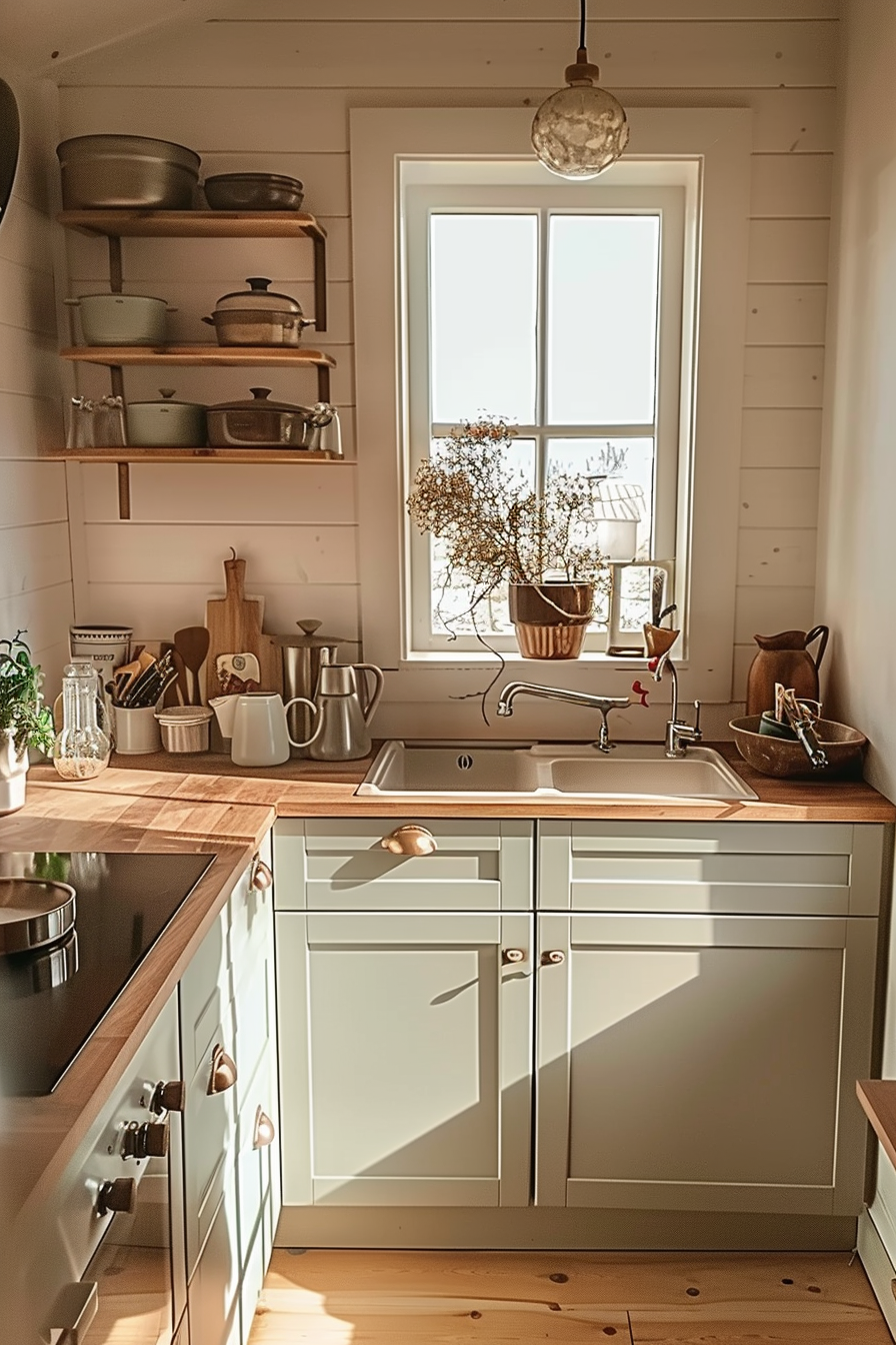 Cozy kitchen interior with wooden countertops, open shelves with pots, and a window letting in warm sunlight.