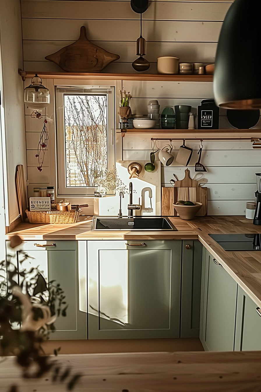 Cozy kitchen interior with wooden countertops, green cabinets, open shelves, and a sunlit window.