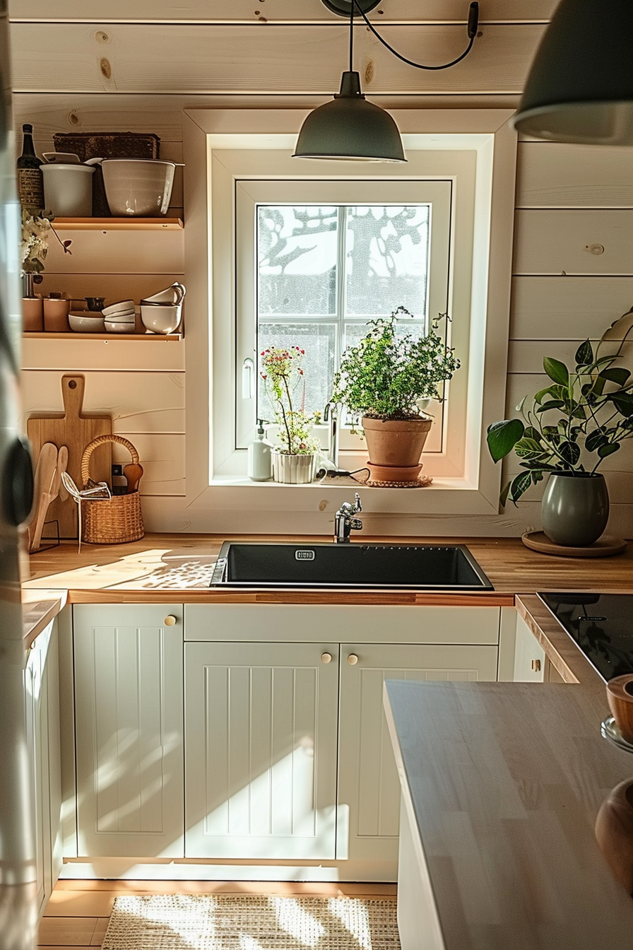 A cozy kitchen with wooden shelves, a black sink, and potted plants on the windowsill bathed in natural sunlight.