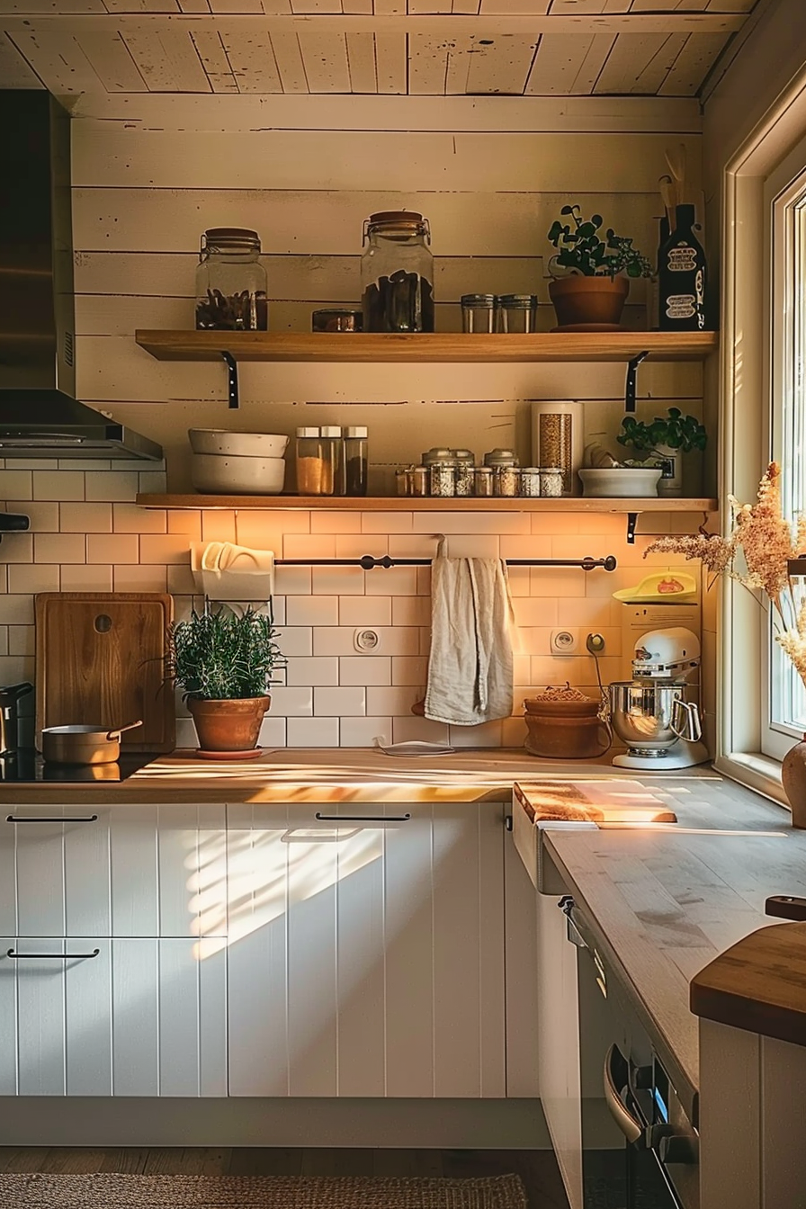 Cozy kitchen interior with sunlight casting warm shadows, wooden shelves, plants, and modern appliances.