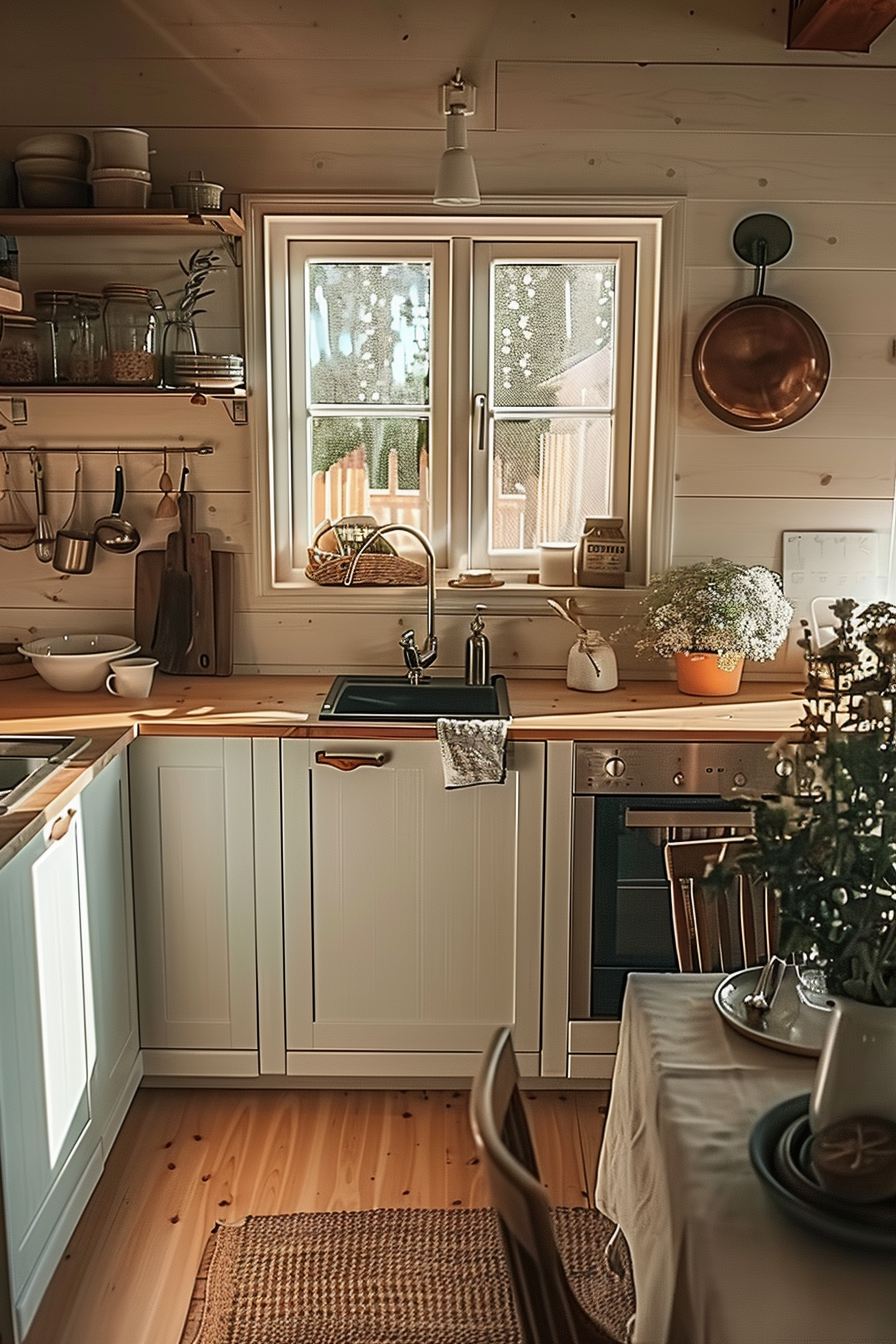 Cozy cottage kitchen with wooden counters, open shelving, and a sunny window above the sink.