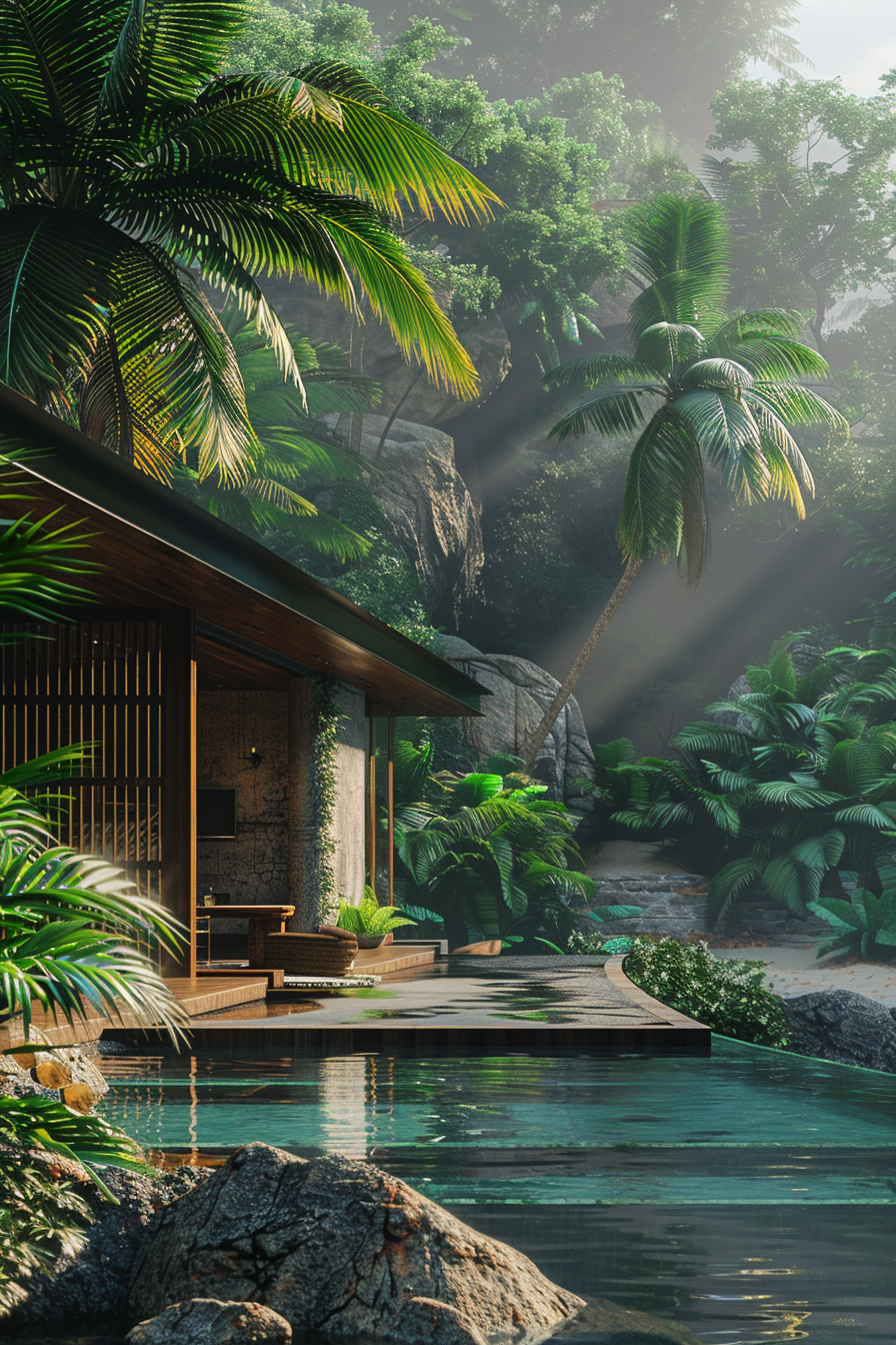 ALT: A serene jungle retreat with a modern wooden house, infinity pool, surrounding lush greenery, and sun rays piercing through the foliage.
