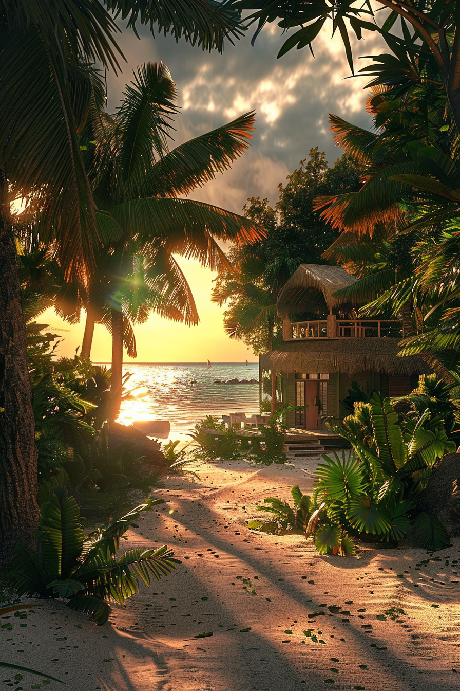 "Tropical beach scene at sunset with palm trees, a wooden hut, and a calm sea, reflecting the warm golden light of the fading sun."