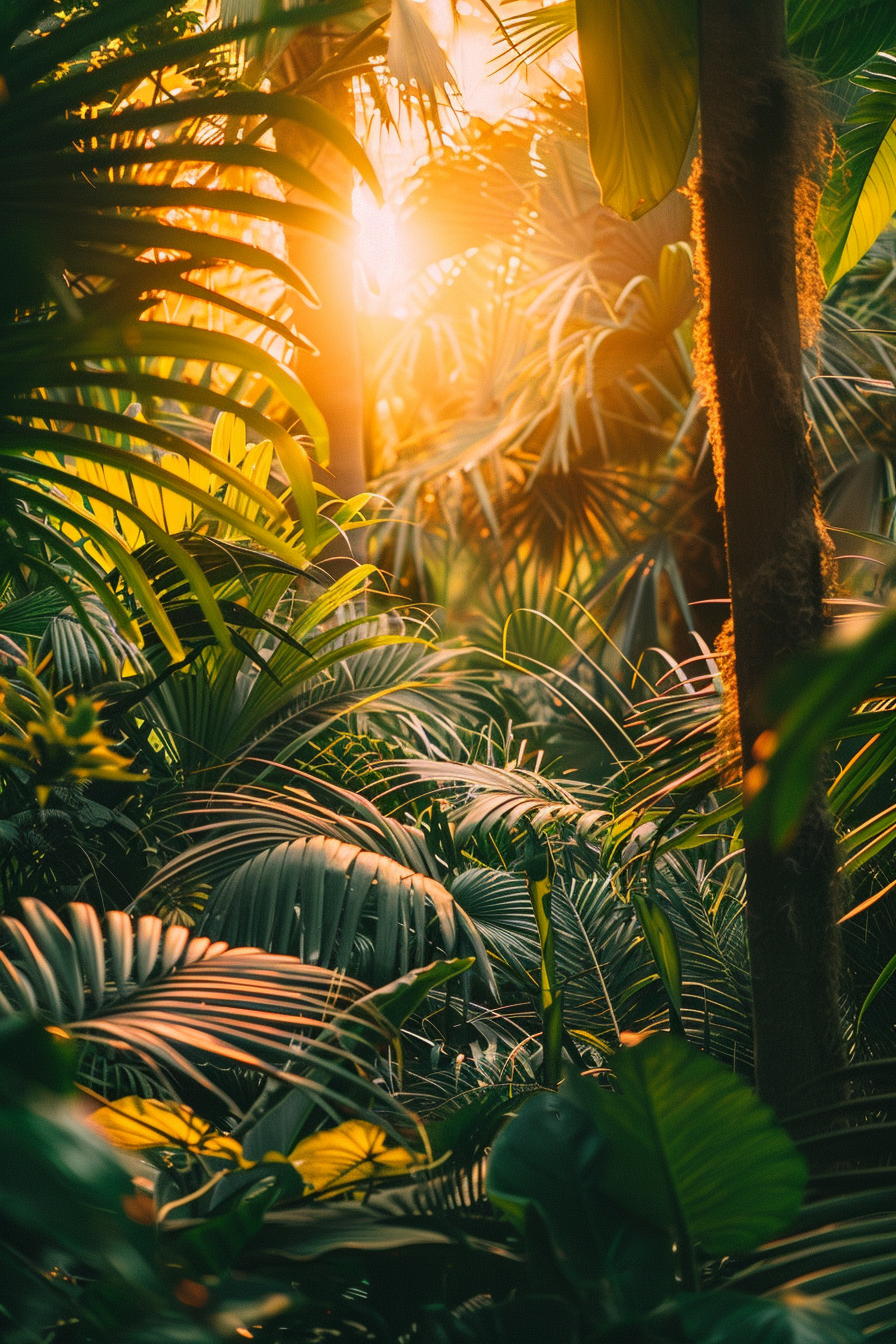 Sunlight piercing through lush tropical foliage, casting a warm glow on the various green leaves.