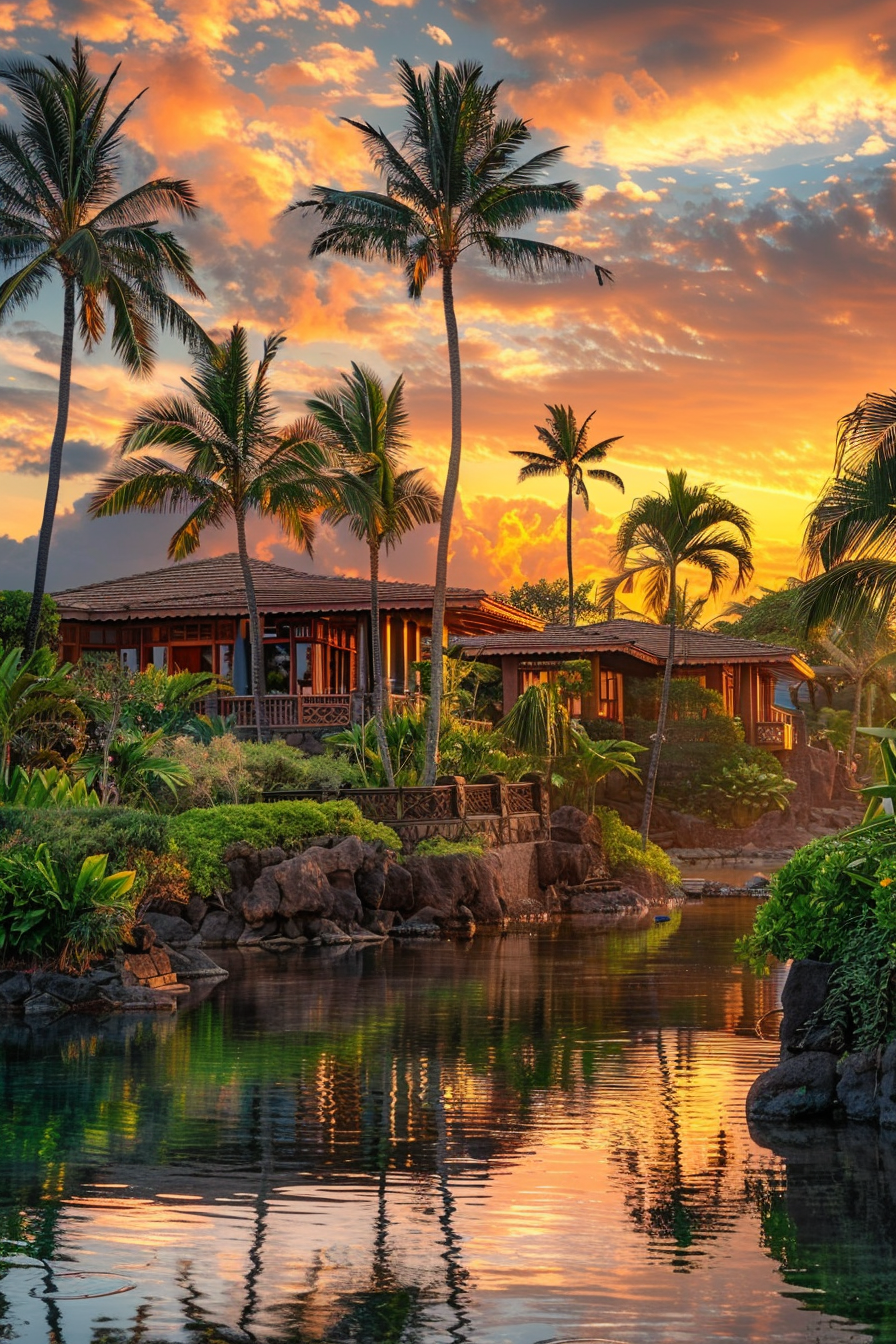 Tropical resort with palm trees and a reflective pool at sunset with vibrant orange skies.