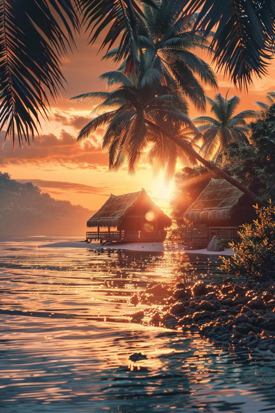 ALT Text: "Thatched bungalows over a tranquil sea with a golden sunset background, framed by palm leaves."