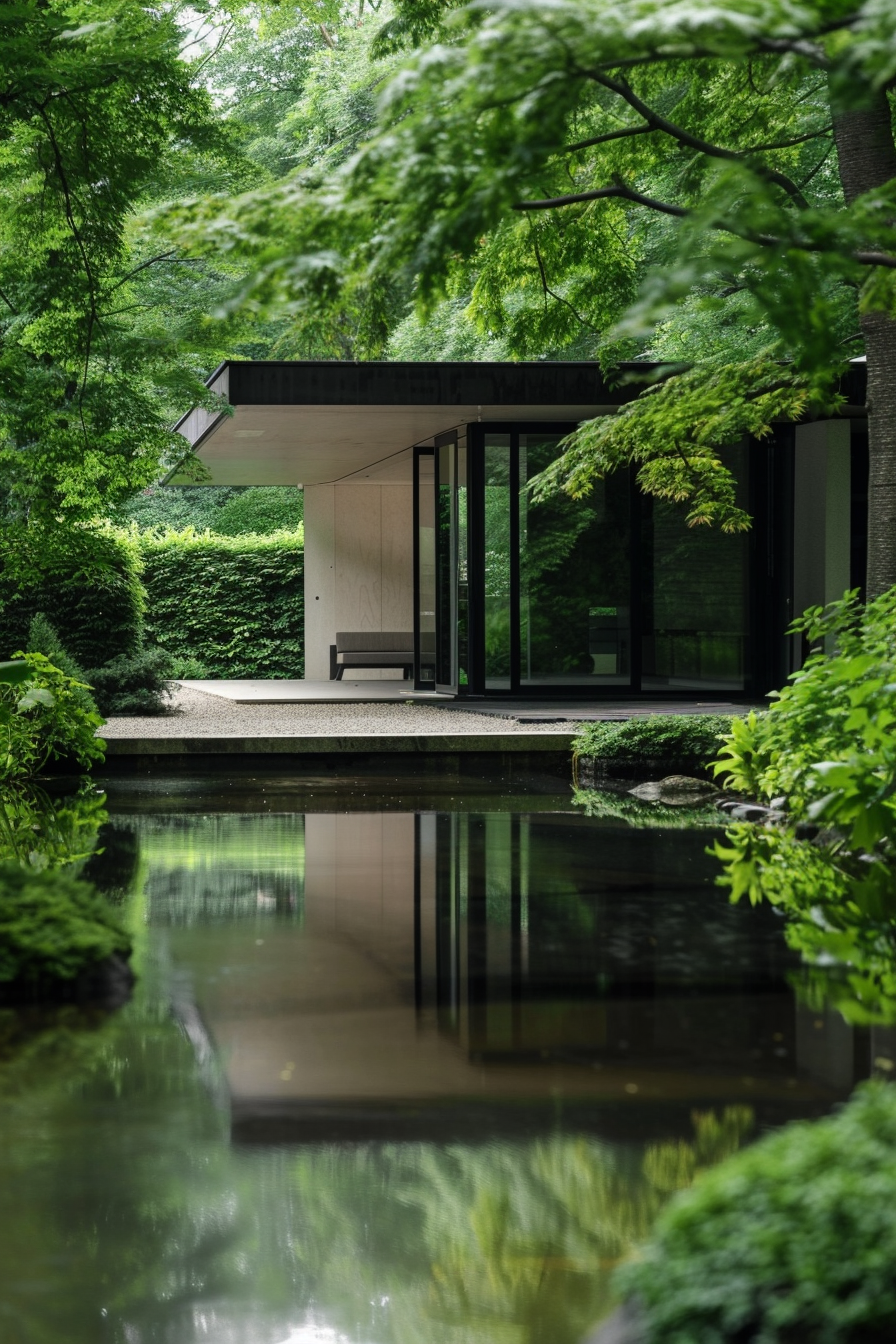 Modern house with large windows reflected on a tranquil pond surrounded by lush greenery.