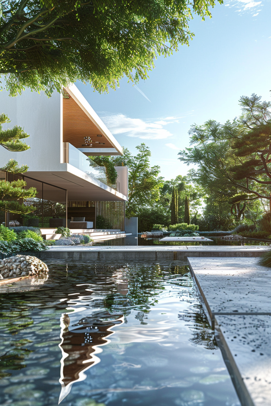 Modern house with overhanging design surrounded by greenery, featuring a water pond with stepping stones in a serene setting.