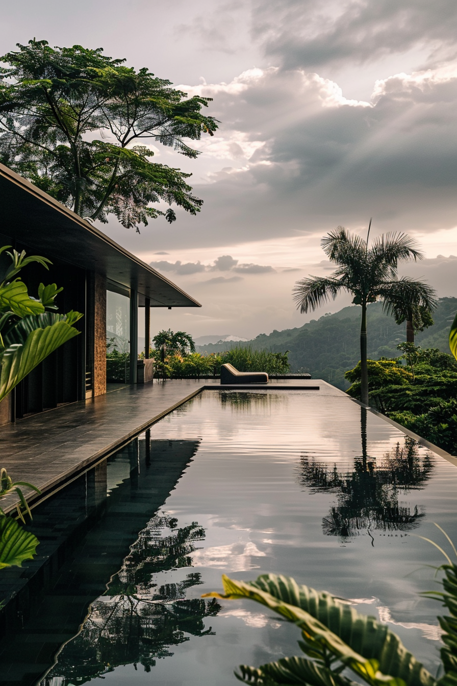 ALT: An infinity pool overlooking a lush landscape at sunset, with clear reflections on the water and beams of sunlight piercing through clouds.