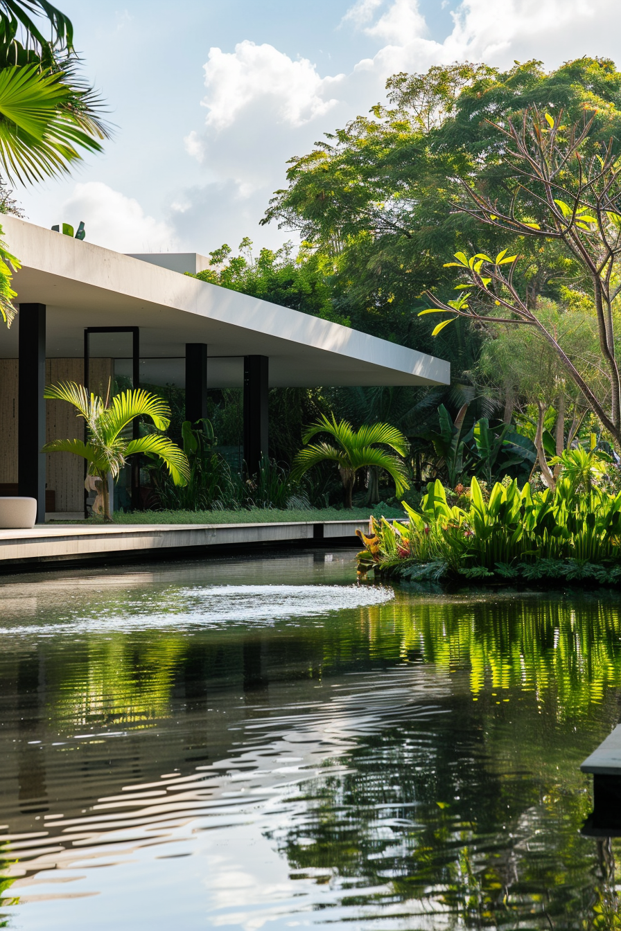 Modern house with large windows surrounded by lush foliage and fronted by a reflective pond under a clear sky.